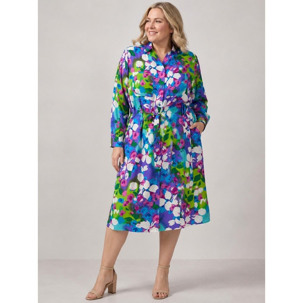 Vintage Y2K Diane Von Furstenberg Floral 100% Silk Shirt Dress 16 Blue Green NEW